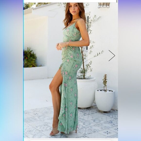 HELLO MOLLY Know My Worth Maxi Dress Floral Ruffle Ruched, Size L Green NWT - Picture 3 of 15